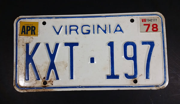 1978 Virginia White with Blue Letters Vehicle License Plate - Treasure Valley Antiques & Collectibles