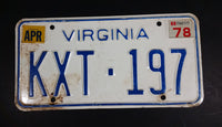 1978 Virginia White with Blue Letters Vehicle License Plate - Treasure Valley Antiques & Collectibles