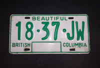 c. 1986 Beautiful British Columbia White with Green Letters Vehicle License Plate 18 37 JW - Treasure Valley Antiques & Collectibles