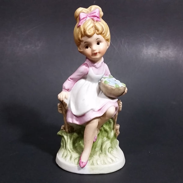 Vintage Victorian Girl with Flower Bowl Sitting on Fence Ceramic Figurine - Numbered - Taiwan - Treasure Valley Antiques & Collectibles