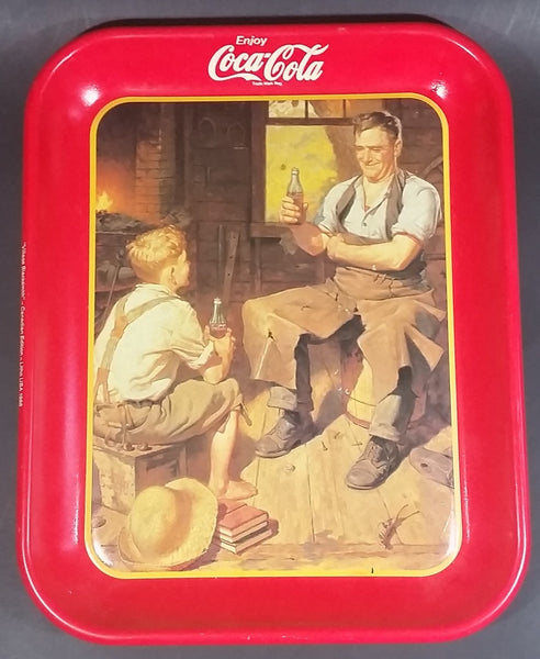 1988 Coca-Cola Coke Soda Pop "Village Blacksmith" Red Metal Beverage Serving Tray - Treasure Valley Antiques & Collectibles