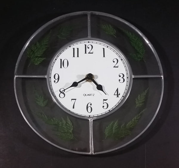 Round Metal Frame Clear Glass with Fern Evergreen Leaves Decor 9" Wall Clock - Working - Treasure Valley Antiques & Collectibles
