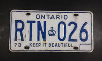 Vintage 1973 Ontario Keep It Beautiful White with Blue Letters Vehicle License Plate - Treasure Valley Antiques & Collectibles
