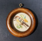 Vintage Embroidered Song Bird in Grass and Flowers in Small Round 2 7/8" Wooden Frame - Treasure Valley Antiques & Collectibles