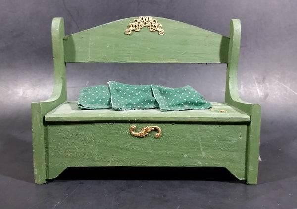 Vintage Small Wooden Green Doll Bench With Storage, 3 Little Pillows and Golden Trim Decor - Treasure Valley Antiques & Collectibles