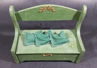 Vintage Small Wooden Green Doll Bench With Storage, 3 Little Pillows and Golden Trim Decor - Treasure Valley Antiques & Collectibles