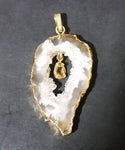 Oco Geode Crystal Slice Gold Plated w/ Brown Yellow Gemstone Necklace Pendant - Treasure Valley Antiques & Collectibles