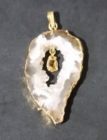 Oco Geode Crystal Slice Gold Plated w/ Brown Yellow Gemstone Necklace Pendant - Treasure Valley Antiques & Collectibles
