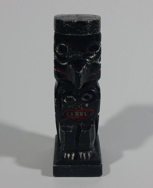 Pacific Northwest Aboriginal Small Black Eagle Carved 3 1/2" Wood Totem Pole Signed E.F.W. - Treasure Valley Antiques & Collectibles
