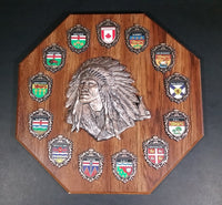 Vintage A & F Canada Native Aboriginal Chief w/ Provinces & Territories Wood Plaque Wall Hanging - Treasure Valley Antiques & Collectibles
