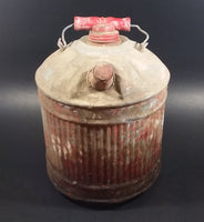 Vintage Round Red Galvanized Metal Gas Gasoline Fuel Canister Can w/ Wood Handle and caps - Treasure Valley Antiques & Collectibles