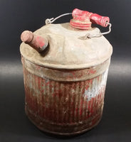 Vintage Round Red Galvanized Metal Gas Gasoline Fuel Canister Can w/ Wood Handle and caps - Treasure Valley Antiques & Collectibles