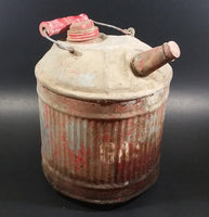 Vintage Round Red Galvanized Metal Gas Gasoline Fuel Canister Can w/ Wood Handle and caps - Treasure Valley Antiques & Collectibles