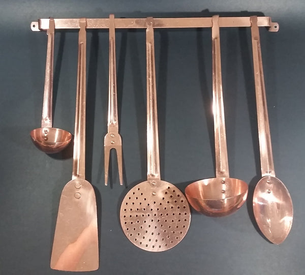 Vintage Copper Kitchen Utensil 7 Piece Set Including Wall Hanging Bar - Made in Taiwan - Treasure Valley Antiques & Collectibles