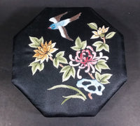 1940s Chinese Silk Embroidered Octagon Jewelry Keepsake Bird and Flower Decor - Treasure Valley Antiques & Collectibles