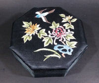 1940s Chinese Silk Embroidered Octagon Jewelry Keepsake Bird and Flower Decor - Treasure Valley Antiques & Collectibles