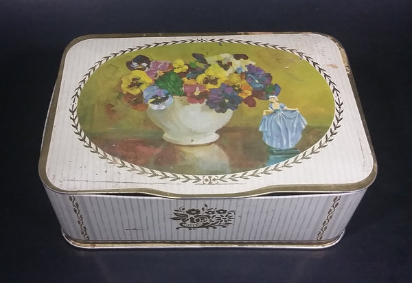 Vintage Gray and Dunn 'Pansies' Biscuits Cookie Tin w/ Floral Arrangement and Girl in Dress - Treasure Valley Antiques & Collectibles