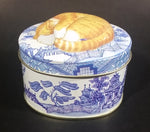 Collectible Blue Willow Blue and White Tin With Orange and White Sleeping Kitty Cat - Treasure Valley Antiques & Collectibles