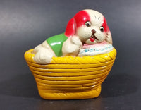 Vintage White Puppy Dog w/ Red Ears In a Yellow Basket Ceramic Pencil Sharpener - Treasure Valley Antiques & Collectibles