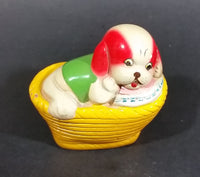 Vintage White Puppy Dog w/ Red Ears In a Yellow Basket Ceramic Pencil Sharpener - Treasure Valley Antiques & Collectibles