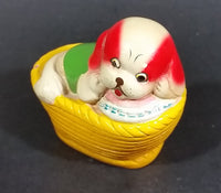 Vintage White Puppy Dog w/ Red Ears In a Yellow Basket Ceramic Pencil Sharpener - Treasure Valley Antiques & Collectibles
