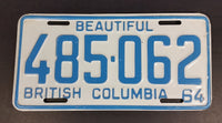 1964 Beautiful British Columbia White with Light Blue Letters Vehicle License Plate 485 062 - Treasure Valley Antiques & Collectibles