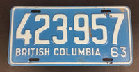 1963 Beautiful British Columbia Light Blue with White Letters Vehicle License Plate 423 957 - Treasure Valley Antiques & Collectibles