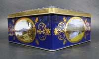 Vintage St Michael Marks & Spencer Biscuits Tin Blue with Gold Motif -  Lake Scenes on each side - Treasure Valley Antiques & Collectibles