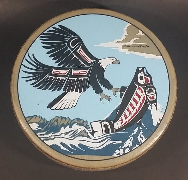 Rare Version Clarence A. Wells Port Simpson, B.C. Aboriginal Art Eagle Catching Jumping Salmon Deer Hide Rimmed Drum Print - Treasure Valley Antiques & Collectibles