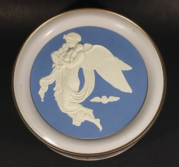 Vintage Round Light Blue and White Cameo Embossed Angels and Babies Tin Storage Container - Treasure Valley Antiques & Collectibles