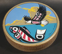 Rare Version Clarence A. Wells Port Simpson, B.C. Aboriginal Art Eagle Flying Over Salmon Deer Hide Rimmed Drum Print - Treasure Valley Antiques & Collectibles