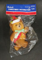 Vintage Woodward's Christmas Decoration Soft Plush Teddy Bear w/ Santa Hat, Green Bow, and Red Vest - Treasure Valley Antiques & Collectibles