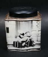 Black and White Photograph Cocoa Storage Tin of a Boy and a Girl Sitting in Different Scenes - Treasure Valley Antiques & Collectibles