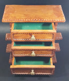 Vintage 3 Drawer Tiered Carved Notch Wooden w/ Green Felt Lining Footed Jewelry Trinket Box - Treasure Valley Antiques & Collectibles