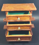 Vintage 3 Drawer Tiered Carved Notch Wooden w/ Green Felt Lining Footed Jewelry Trinket Box - Treasure Valley Antiques & Collectibles