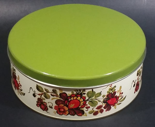 Vintage Round Red Orange Floral Flower White w/ Green Lid Tin Storage Container - Treasure Valley Antiques & Collectibles