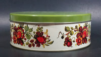 Vintage Round Red Orange Floral Flower White w/ Green Lid Tin Storage Container - Treasure Valley Antiques & Collectibles