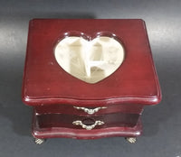 Secret Treasures Small Footed Wooden Jewelry Box with Flower Etched Heart Shaped Glass Hinged Lid - Treasure Valley Antiques & Collectibles