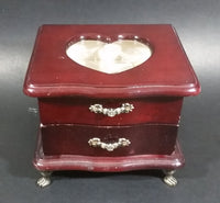Secret Treasures Small Footed Wooden Jewelry Box with Flower Etched Heart Shaped Glass Hinged Lid - Treasure Valley Antiques & Collectibles