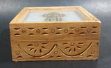 Hand Crafted Wooden Carved Jewelry Trinket Hinged Box with Gemstone Flower Design Under Glass - Treasure Valley Antiques & Collectibles