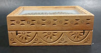 Hand Crafted Wooden Carved Jewelry Trinket Hinged Box with Gemstone Flower Design Under Glass - Treasure Valley Antiques & Collectibles