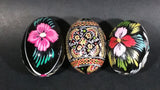 Set of 3 Vintage Black Detailed Flower Decor Polish Ukrainian Style Wooden Hand Painted Easter Eggs - Treasure Valley Antiques & Collectibles