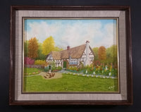 Signed Painting of an English Cottage With a Lady Feeding Chickens Wood Framed on 11" x 14" Canvas - By Mary McRae 1992 - Treasure Valley Antiques & Collectibles