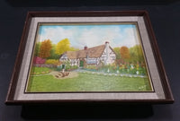Signed Painting of an English Cottage With a Lady Feeding Chickens Wood Framed on 11" x 14" Canvas - By Mary McRae 1992 - Treasure Valley Antiques & Collectibles