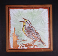 Pretty Enamel on Copper "Meadowlark" White Green Wood Framed Artistic Tile Signed - Treasure Valley Antiques & Collectibles