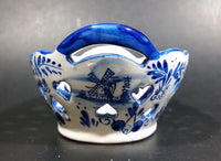 Beautiful Vintage Delft Blue Hand Painted Holland Windmill Scene With Heart Holes Double Handled Porcelain Basket - Treasure Valley Antiques & Collectibles