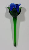 Hand Blown Art Glass Blue Rose Flower with Green Stem - Broken Stem, Leaf tips chipped - Treasure Valley Antiques & Collectibles