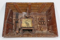 Antique Handmade Wooden Carved Folk Art Hunting Cabin Deer Guns Diorama Wall Display 3D Shadow Box