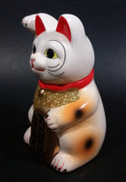 Vintage Chinese Good Luck Cat Kitty Waving Ceramic Figurine White with Gold Vest and Sign - Treasure Valley Antiques & Collectibles