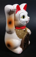 Vintage Chinese Good Luck Cat Kitty Waving Ceramic Figurine White with Gold Vest and Sign - Treasure Valley Antiques & Collectibles